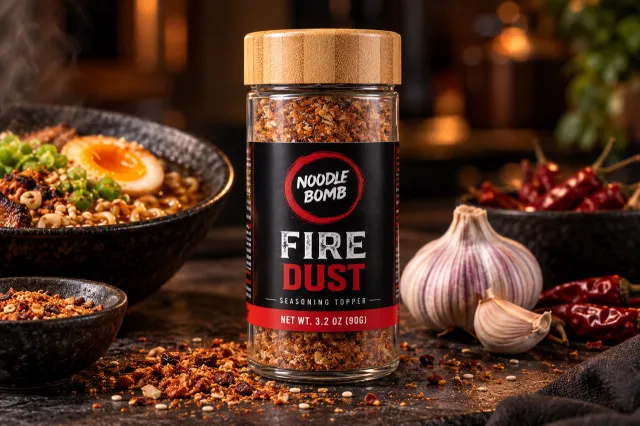 NoodleBomb Fire Dust seasoning jar with ramen, garlic and chilies