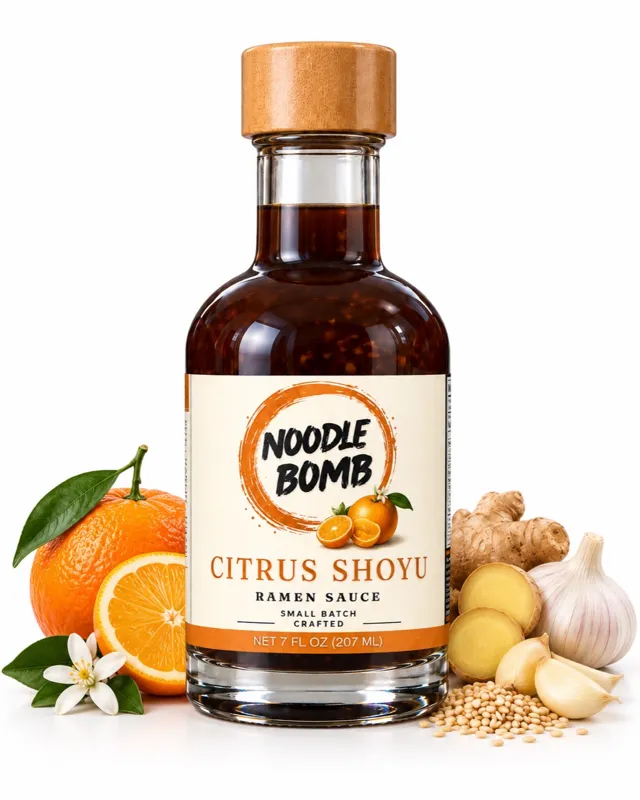 NoodleBomb Citrus ramen sauce bottle with serving props