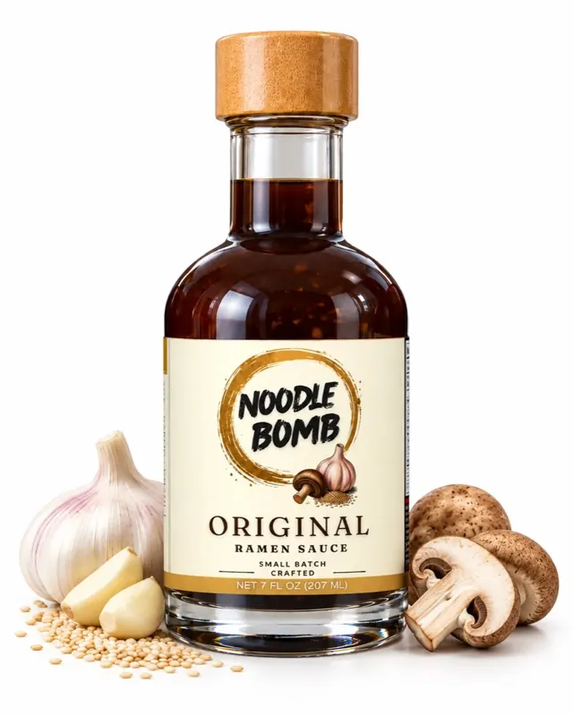 NoodleBomb Original ramen sauce bottle with serving props