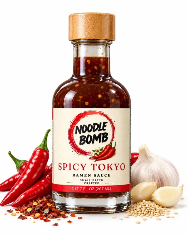 NoodleBomb Spicy ramen sauce bottle with serving props