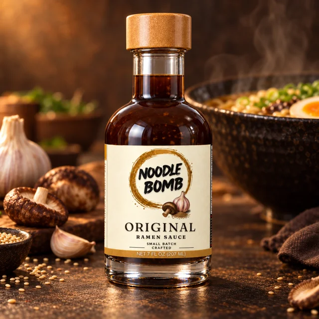 NoodleBomb Original ramen sauce bottle with serving props