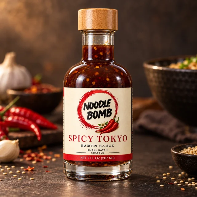 NoodleBomb Spicy ramen sauce bottle with serving props