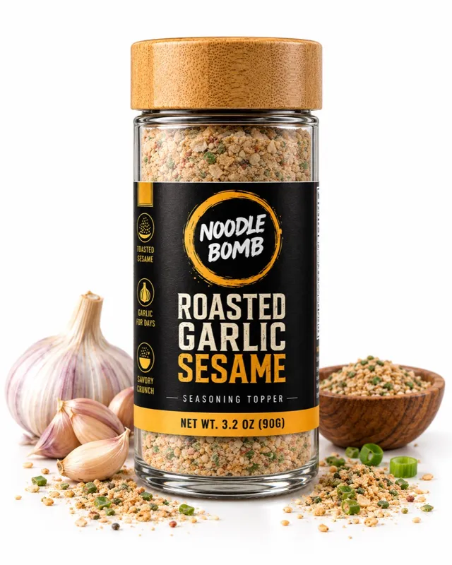 Roasted Garlic Sesame jar with serving props