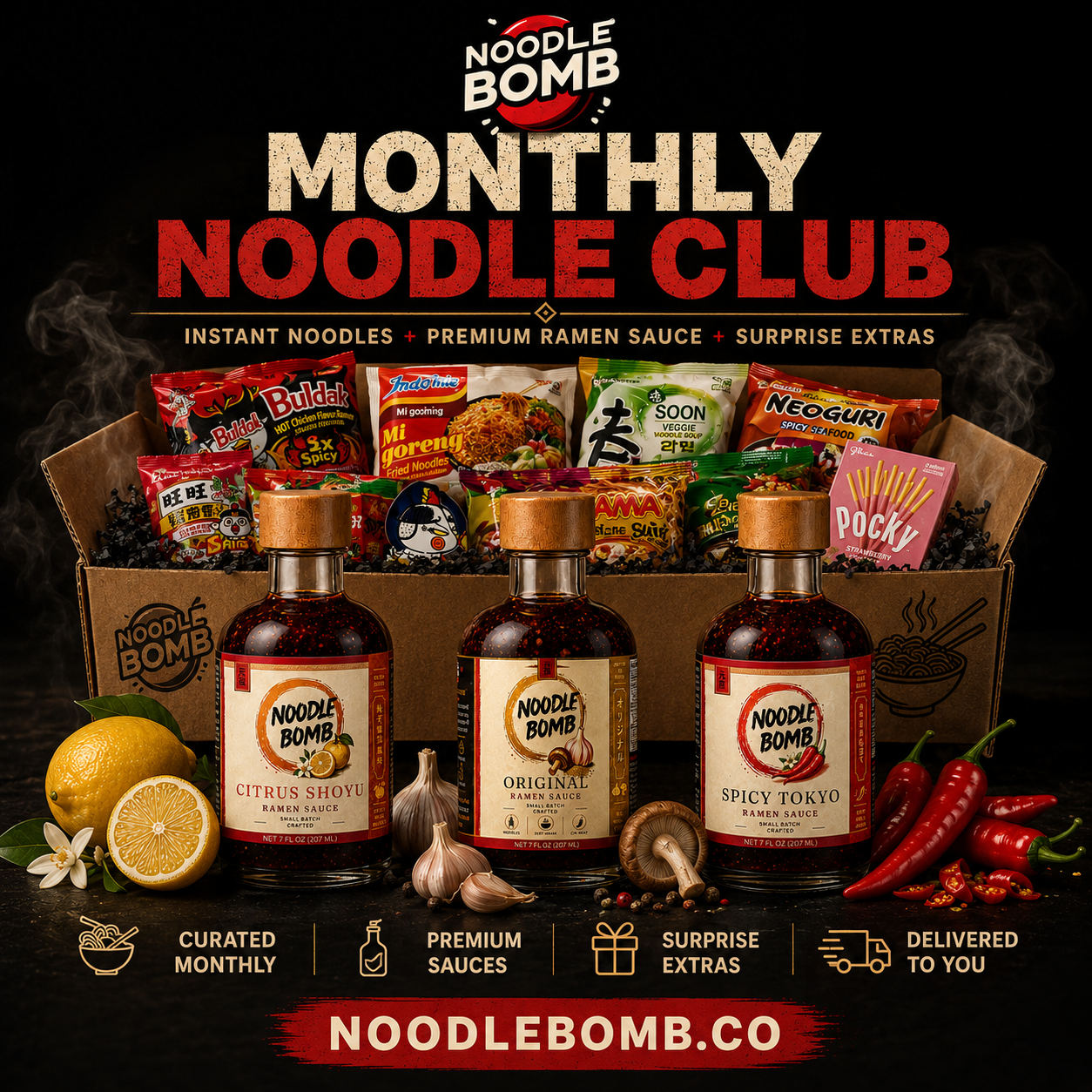 NoodleBomb Monthly Noodle Club box with noodles, sauces, and surprise extras