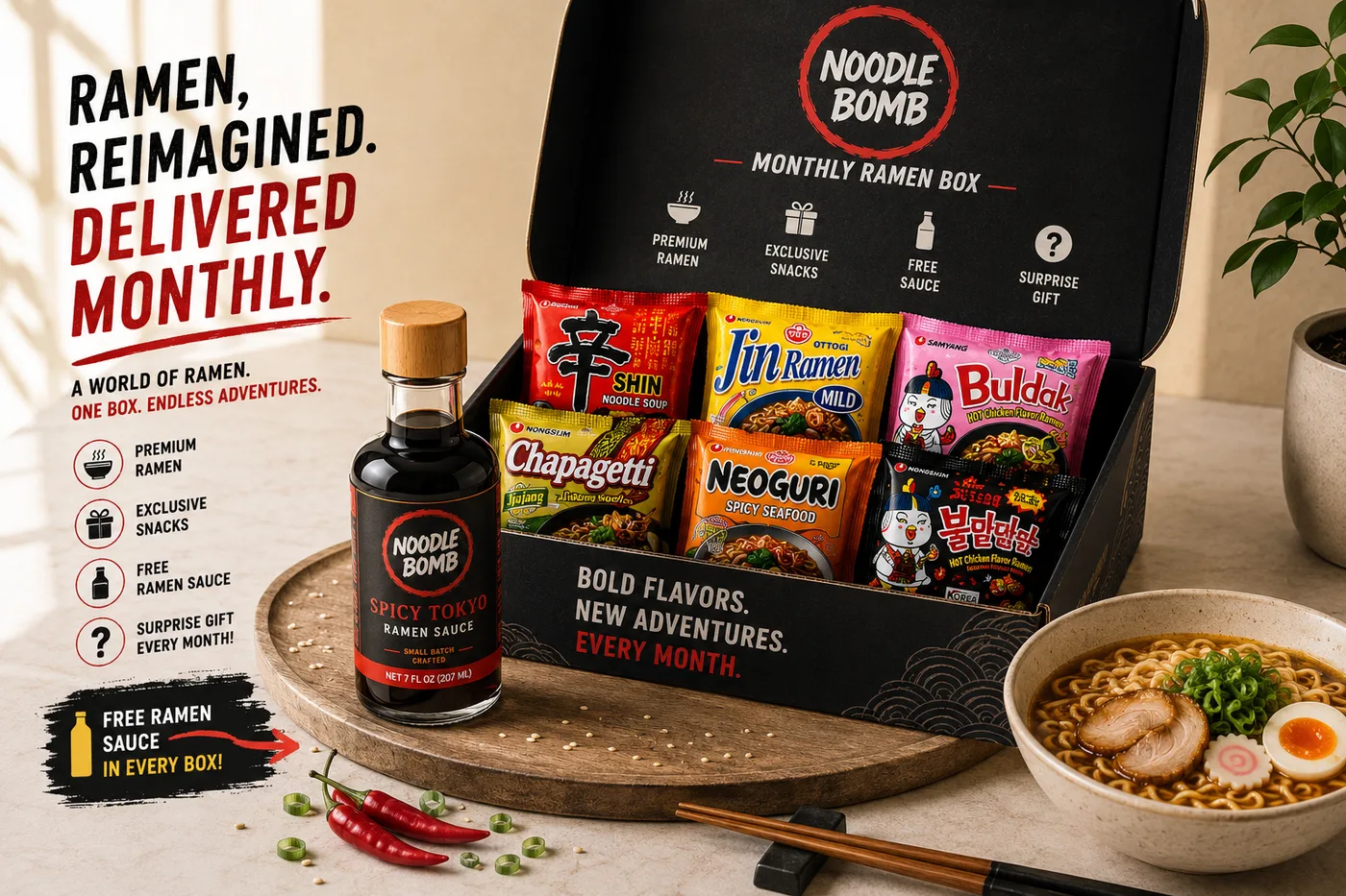 An open NoodleBomb Monthly Ramen Box filled with premium instant ramen packs and snacks, beside a bottle of NoodleBomb sauce and a fresh bowl of ramen &mdash; ramen, reimagined and delivered monthly.