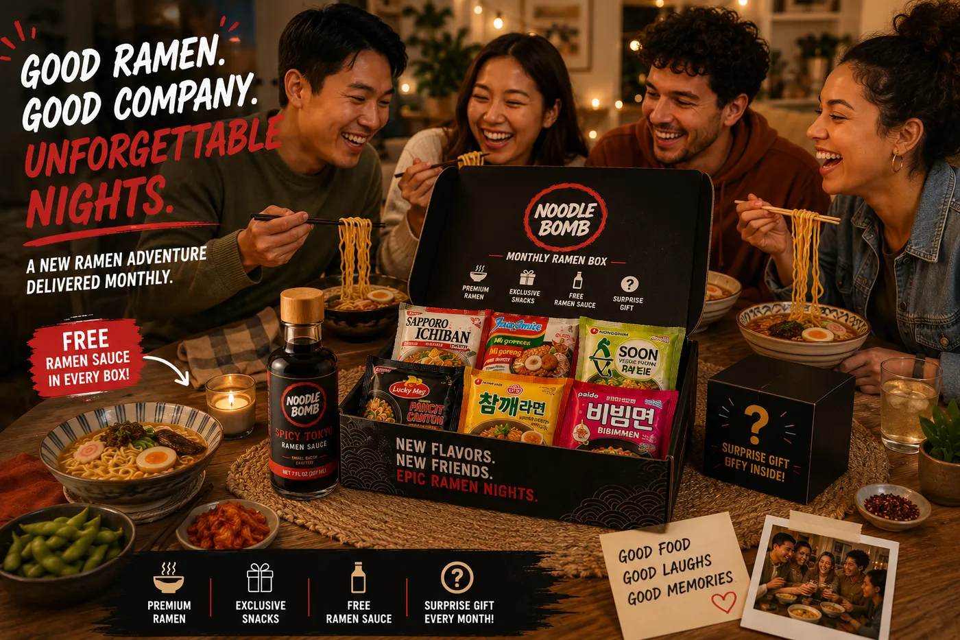 Four friends laughing and eating ramen together around a NoodleBomb Monthly Ramen Box full of instant ramen packs and a NoodleBomb sauce bottle &mdash; good ramen, good company, unforgettable nights.