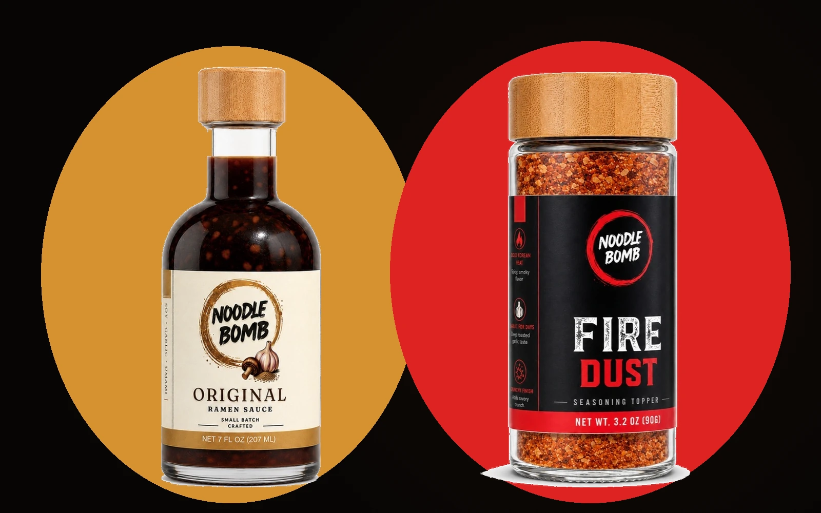 Side-by-side comparison: NoodleBomb Original ramen sauce pouring onto a steaming noodle bowl on the left, NoodleBomb Fire Dust dry blend shaking onto a matching noodle bowl on the right