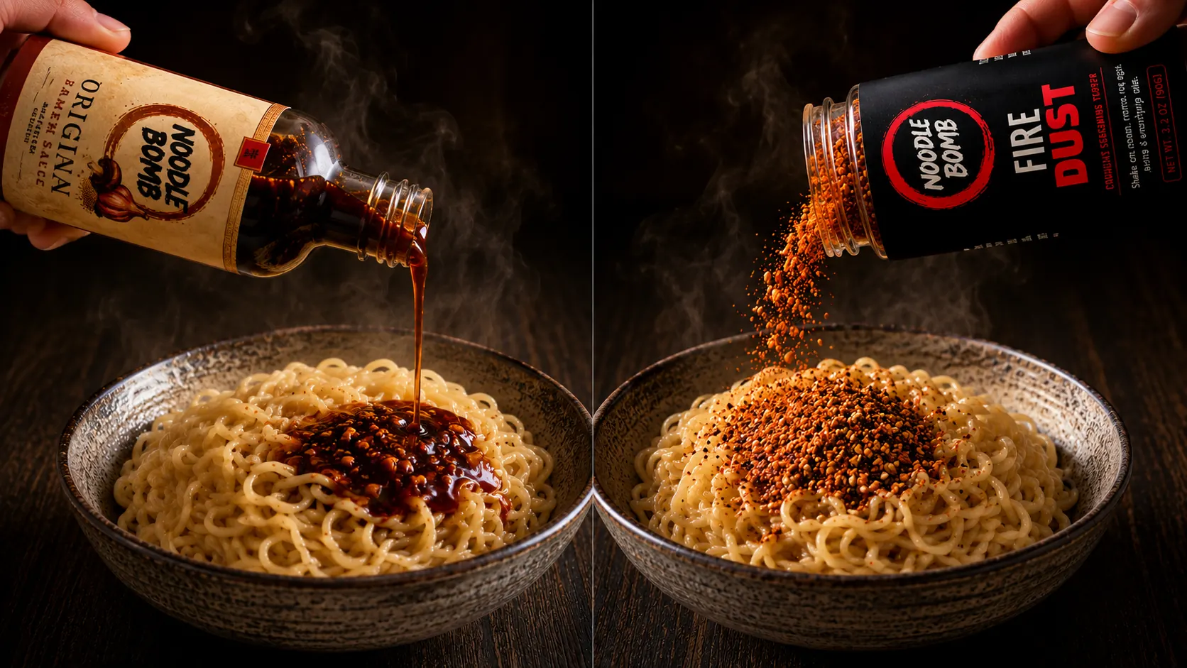 Side-by-side comparison: NoodleBomb Original ramen sauce pouring onto a steaming noodle bowl on the left, NoodleBomb Fire Dust dry blend shaking onto a matching noodle bowl on the right