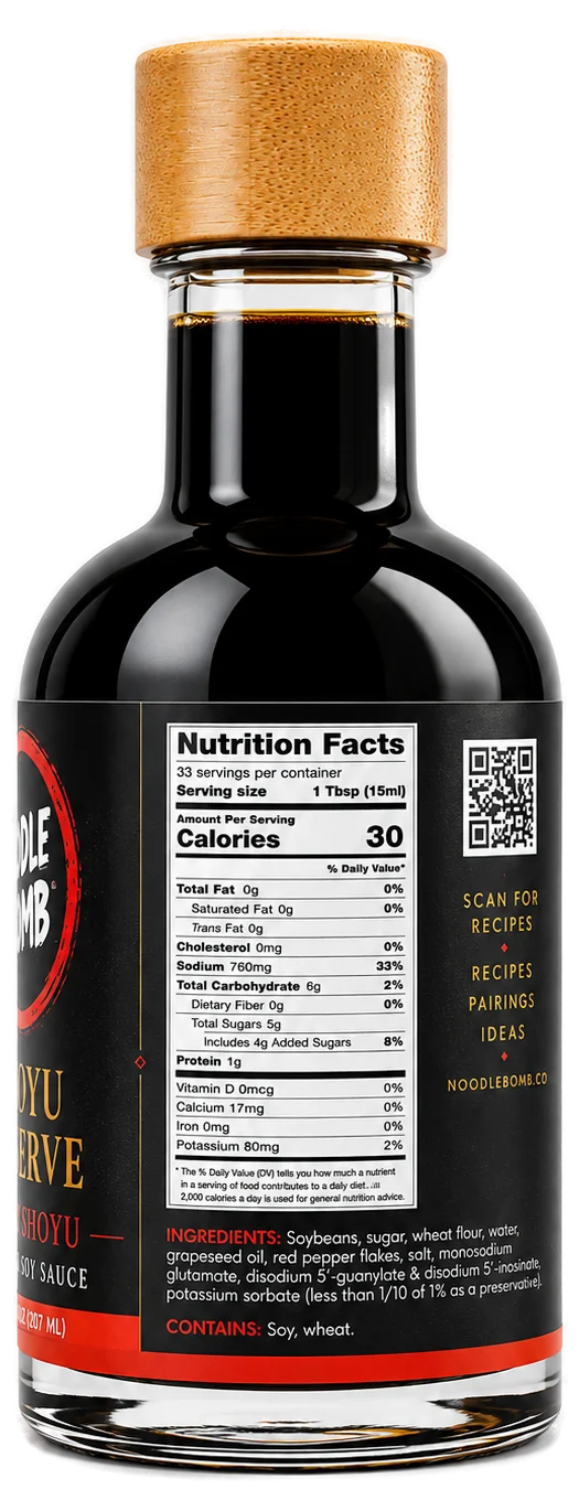 NoodleBomb Spicy Shoyu back label with nutrition facts