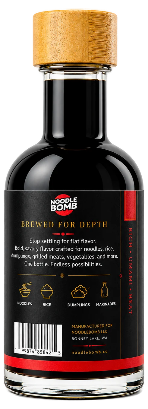 NoodleBomb Spicy Shoyu side panel — brewed for depth