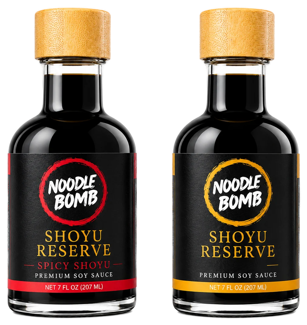 NoodleBomb Spicy Shoyu and Shoyu Reserve soy sauce bottles side by side