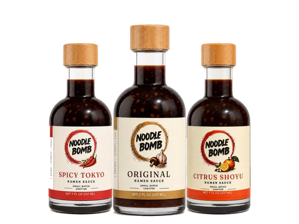 NoodleBomb Original, Spicy Tokyo, and Citrus Shoyu ramen sauce bottles