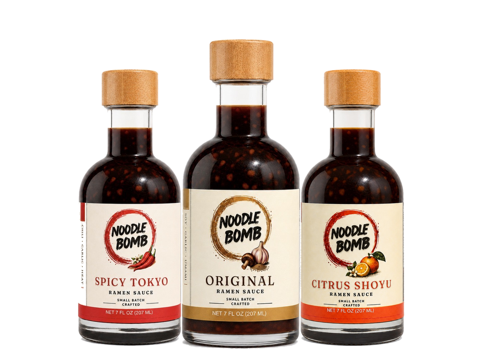 The current NoodleBomb Original, Spicy Tokyo, and Citrus Shoyu ramen sauce bottles.