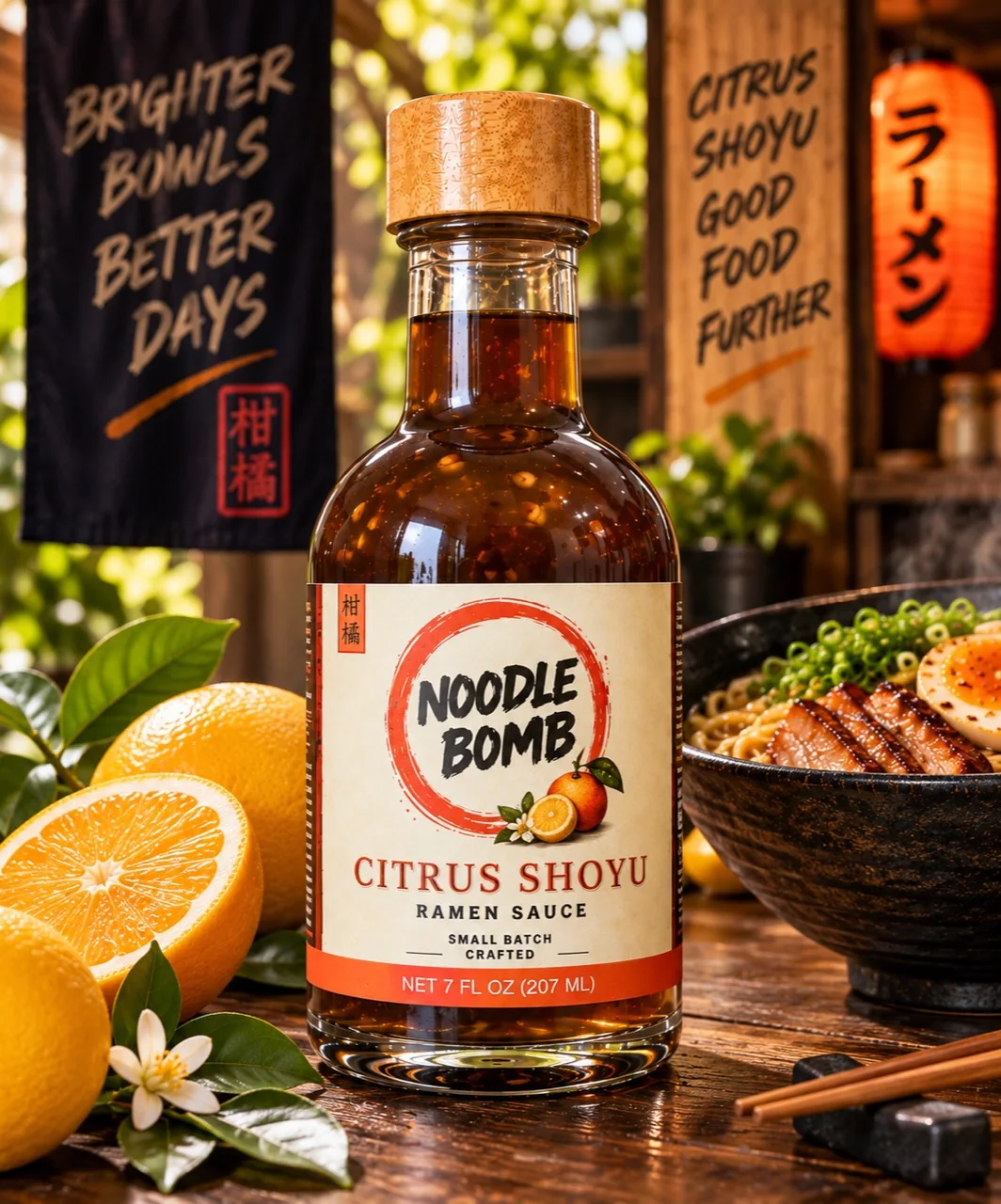NoodleBomb Citrus Shoyu ramen sauce with citrus and a bowl of ramen