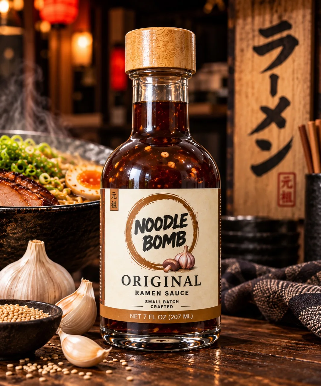 NoodleBomb Original ramen sauce with a bowl of ramen, garlic and sesame