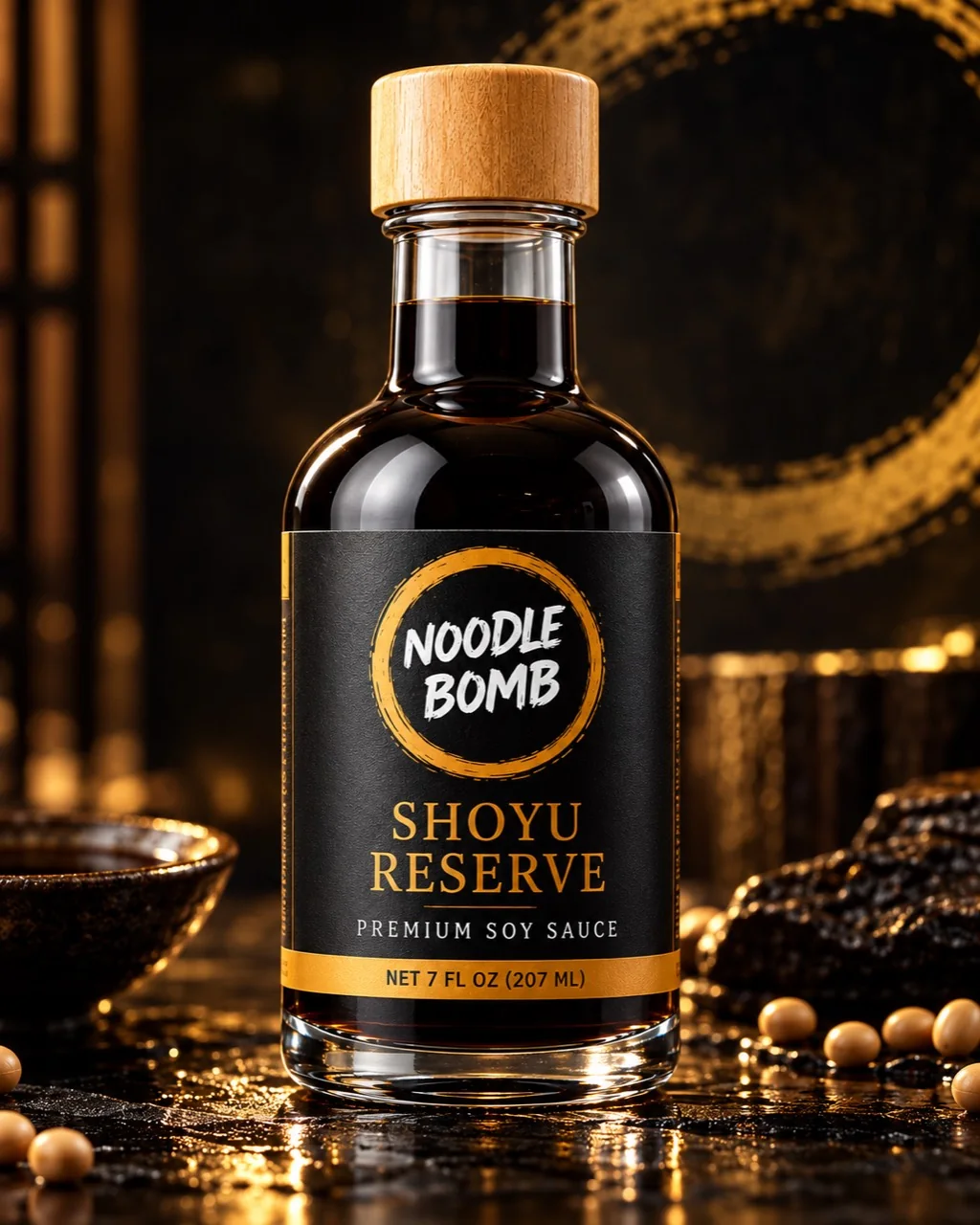 NoodleBomb Shoyu Reserve premium soy sauce with its black and gold label
