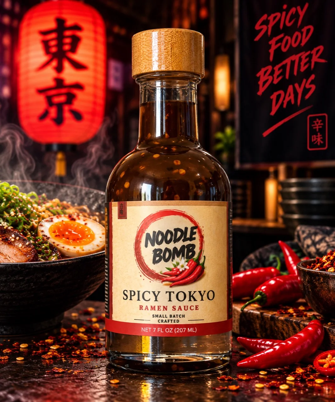 NoodleBomb Spicy Tokyo ramen sauce beside ramen and red chili peppers