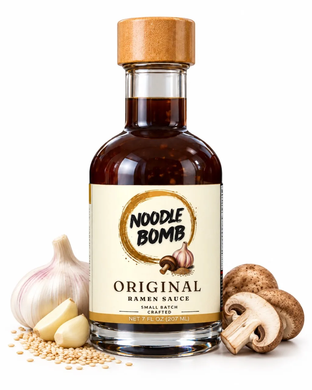 NoodleBomb Original ramen sauce bottle with serving props