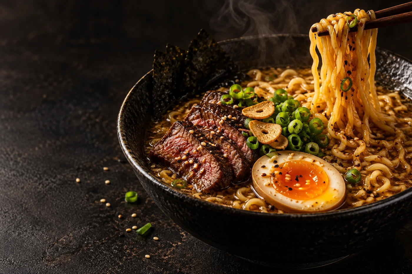 Serving inspiration: garlic sesame ramen with egg, beef and lifted noodles