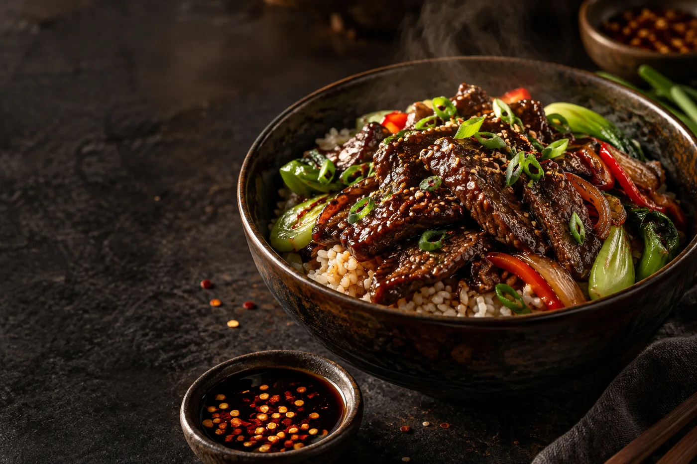 Serving inspiration: spicy soy beef and rice with vegetables