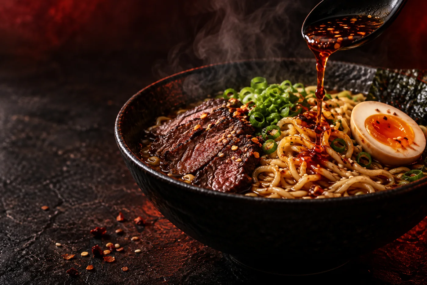 Serving inspiration: chili garlic sauce pouring onto a spicy ramen bowl
