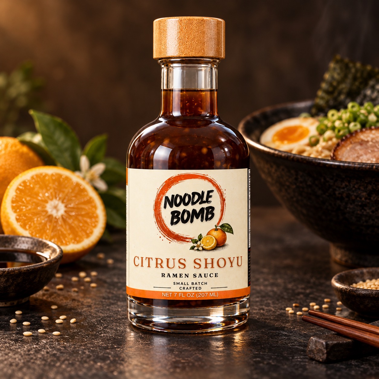 NoodleBomb Citrus Shoyu ramen sauce in a warm tabletop scene