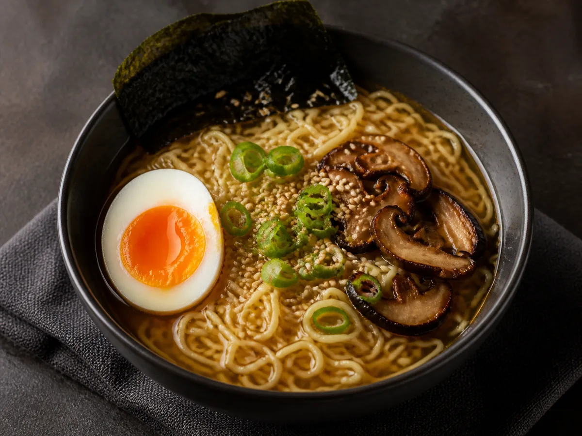 Ramen with soft-boiled egg, scallions, sesame, mushrooms, and nori