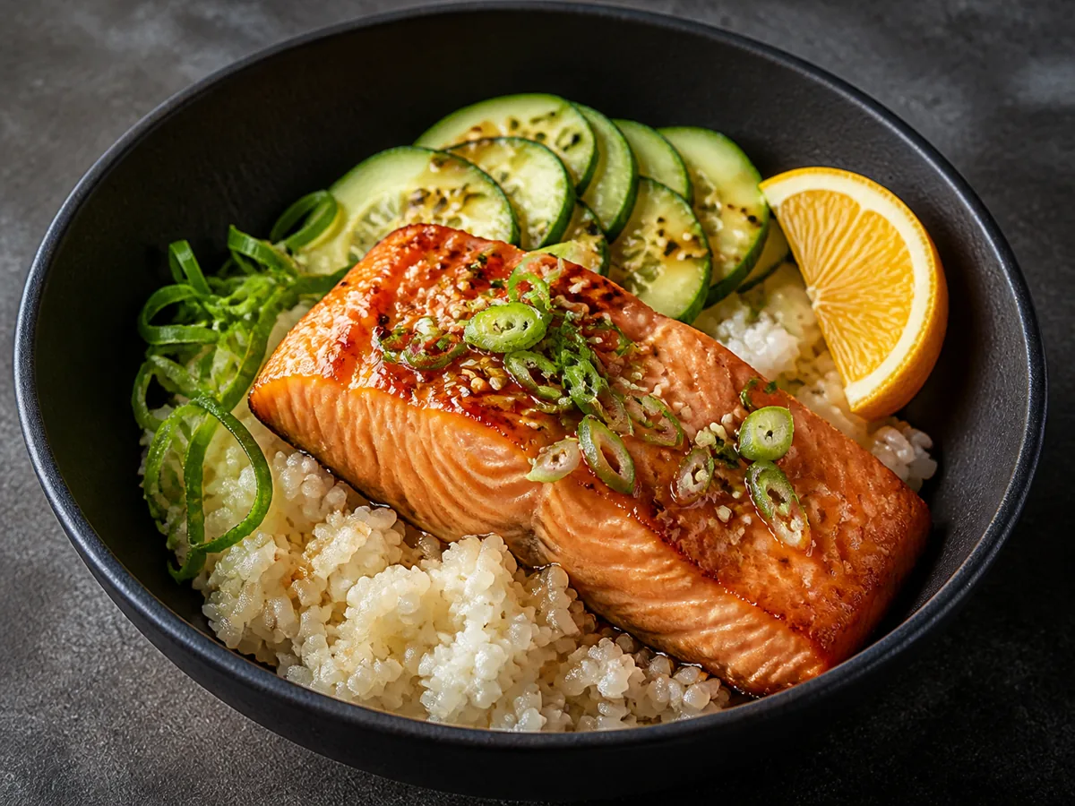 Citrus Shoyu salmon rice bowl with cucumber, scallions, sesame, and citrus
