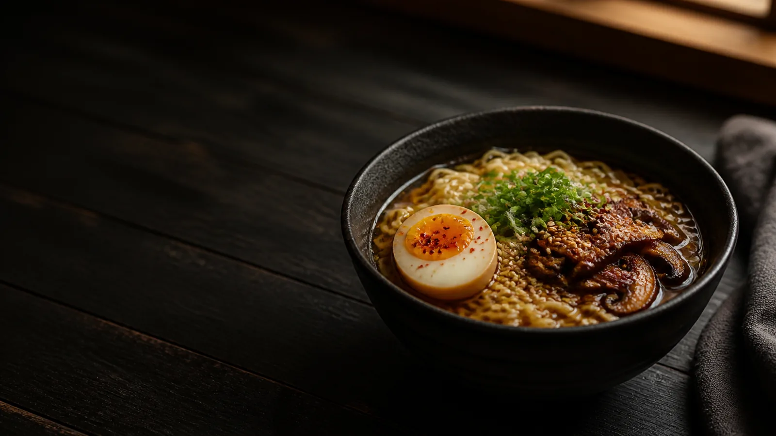 Steaming ramen bowl with egg, mushrooms, scallions, and sesame