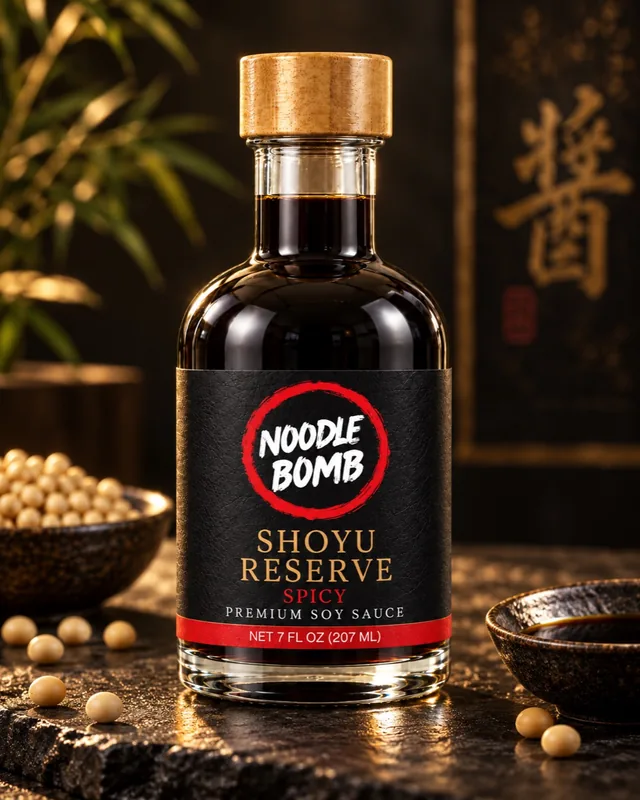 NoodleBomb Spicy Shoyu premium soy sauce with a black label and red ring
