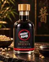 NoodleBomb Spicy Shoyu premium soy sauce with a black label and red ring