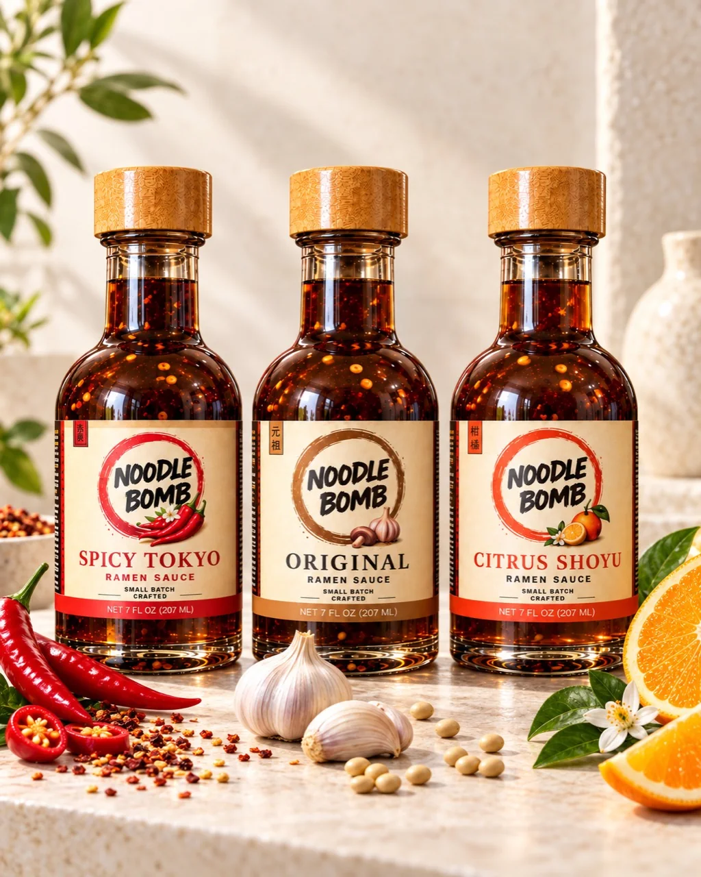 NoodleBomb Spicy Tokyo, Original and Citrus Shoyu Trio against a light cream studio backdrop