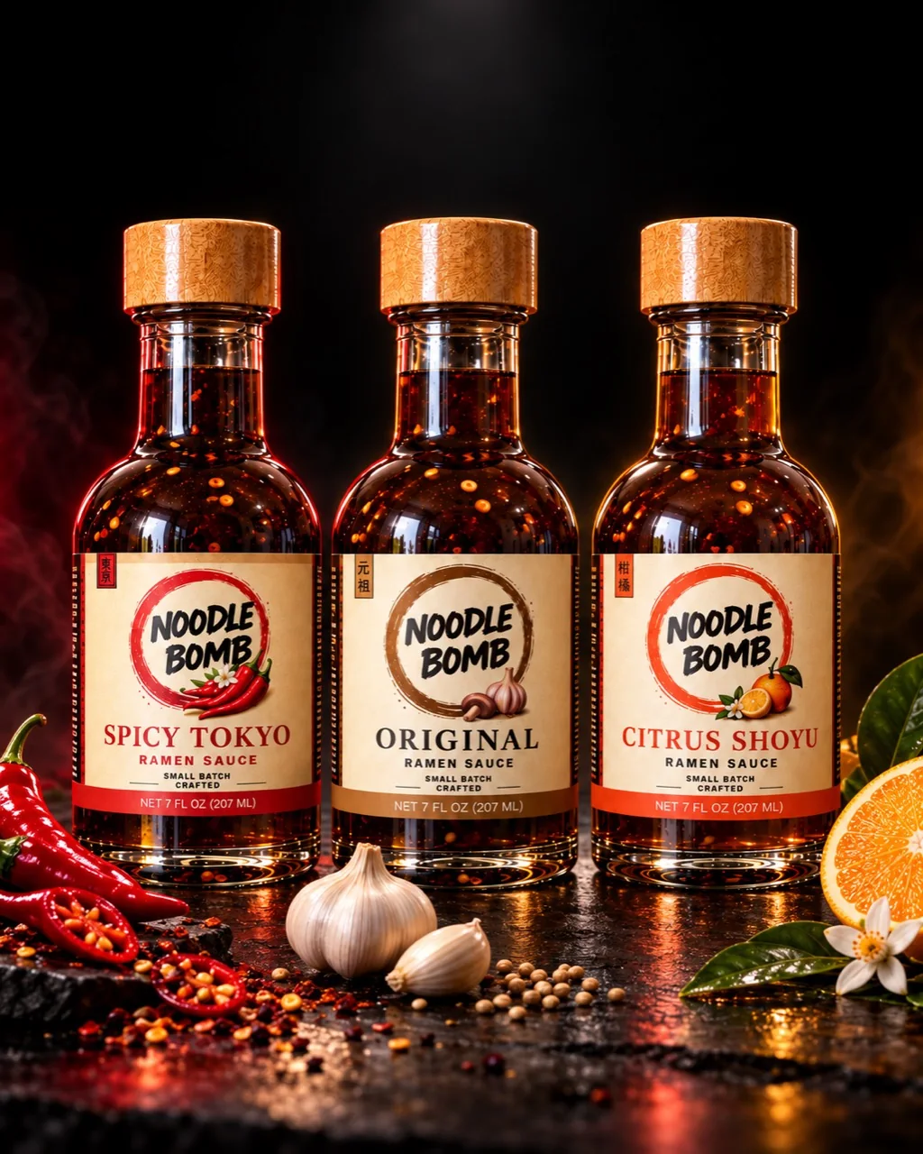 NoodleBomb Spicy Tokyo, Original and Citrus Shoyu Trio on a dark studio table