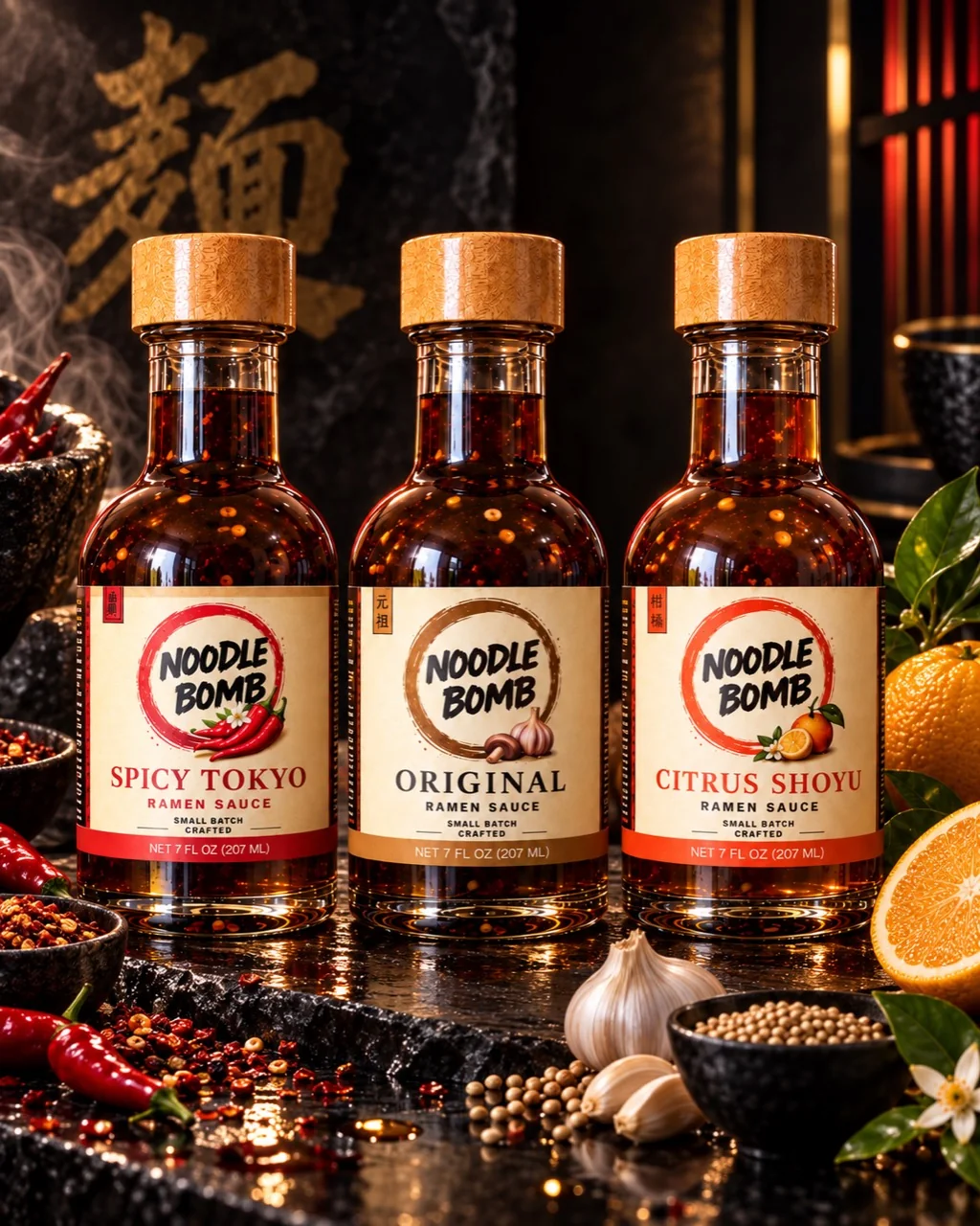 NoodleBomb Spicy Tokyo, Original and Citrus Shoyu Trio on a dark stone restaurant counter