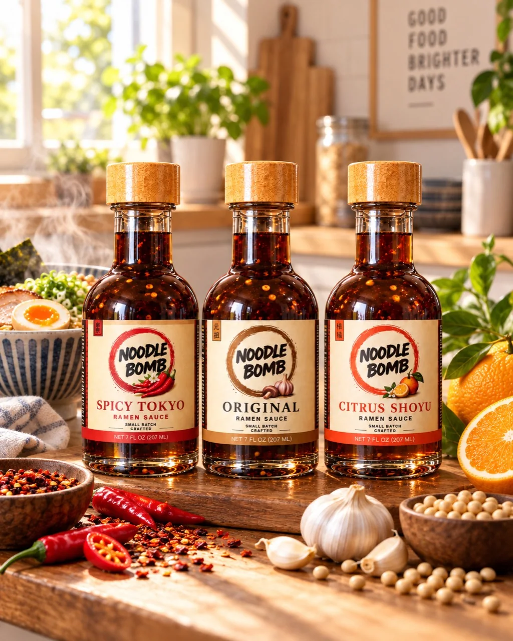 NoodleBomb Spicy Tokyo, Original and Citrus Shoyu Trio on a bright home kitchen counter