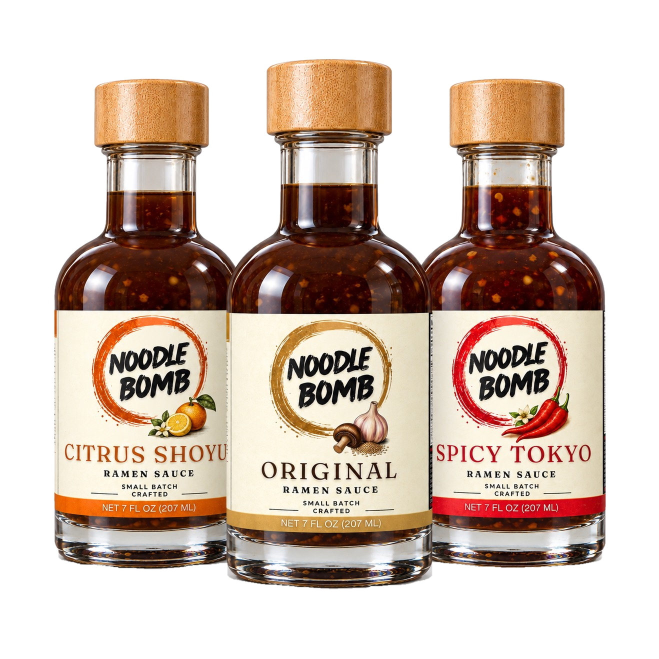 NoodleBomb Citrus Shoyu, Original and Spicy Tokyo ramen sauces